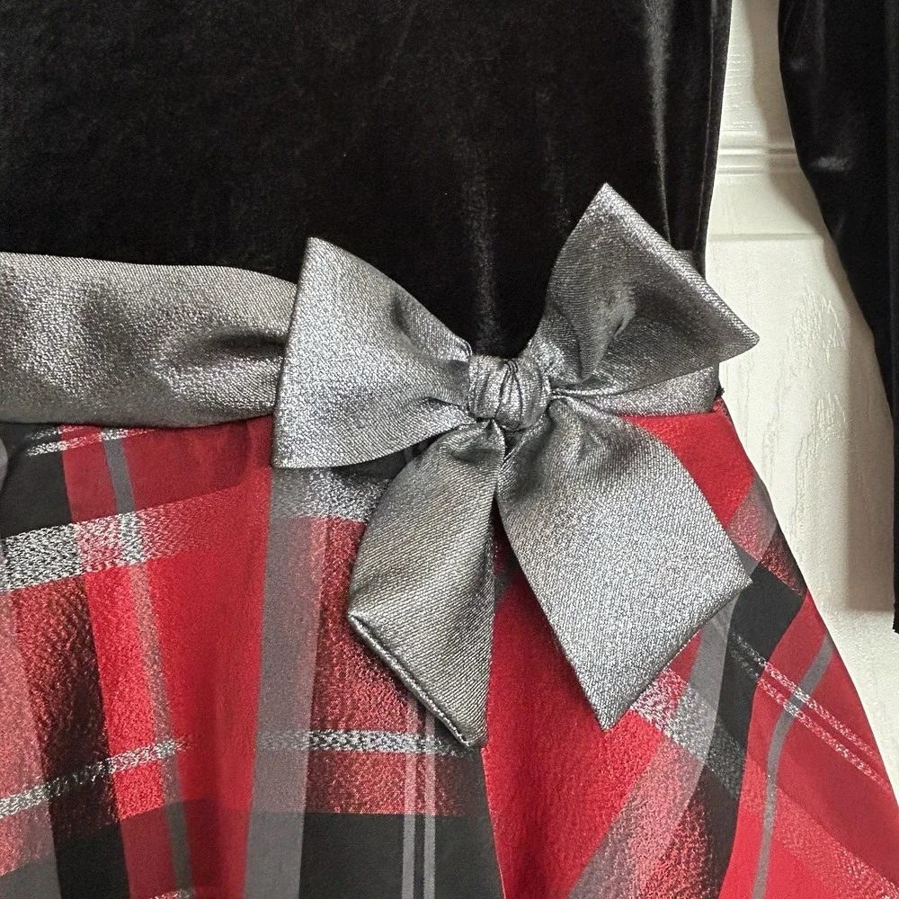 Bonnie Jean Girls Size 10 Drop Waist‎ Velvet Holiday Dress Red & Black Plaid